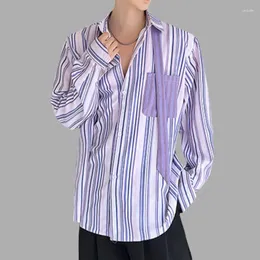 Men's Casual Shirts Retro Men Shirt Macaron Color Vertical Stripe Ribbons Lapel Long Sleeve Streetwear Fashion Loose Male Blouse