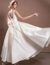 Elegant a-line bröllopsklänning 2024 kvinnor fyrkantig hals satin båge ankel längd brud party klänningar vestidos de noiva abiti da sposa