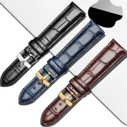 Titta på band Smooth äkta läderband 17 19 20 21m Blue Brown Black Calfskin Watchband för Rx Date-Just GMT Crown Logo279s