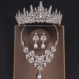 Zincirler 3pcs Kristal Taç Neckalce Küpe Seti Gelin Takı Kadın Düğün Saç Aksesuarları Tiara 231219