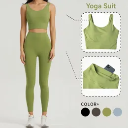 Conjuntos ativos sem costura conjunto de yoga feminino lycra ginásio roupas sutiã esportivo semi-fixo copos treino topos anti rolamento leggings com bolso collants