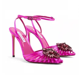 Aquazzura Flower crystal-embellished Satin Slingback Sandals Stiletto heels ankle strap pumps women designer luxury Evening Party wedding shoes With box