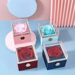 Biżuteria pudełka Walentynkowe Małżeństwo Propozycja Rotacja Rose Gift Box Acryl Pierścień Pendant Zachowany kwiat pudełko na pudełko biżuterii damskie 231218