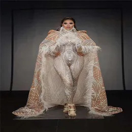 Party Decoration T55 Ballroom Dance Stage Costume Feather Cloak Female Singer Perform Outfit 3D Printing Stretch Leotard Jumpsuit 298T