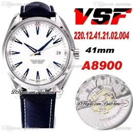 VSF Aqua Terra 150M Ryder Cup 41 5mm Cal A8500 자동 남성 시계 시계 옐로우 골드 골프 화이트 다이얼 블루 스틱 나일론 220 12 43155