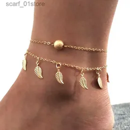 Anklets New Bohemia Beach Sandals Barefoot Anklet Chain Gold Color Leaf Bracelet Modern Modern for Women Onalsalel231219