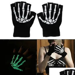 Party Decoration Warm Knitting Gloves For Adt Solid Acrylic Half Finger Glove Human Skeleton Head Gripper Print Cycling Non-Slip Wri Dhteg