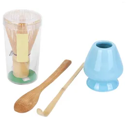 Teeschaufeln, Schneebesen-Set aus Bambus, 4 Stück, inklusive 100 Zinken (Chasen), traditioneller Schaufel (Chashaku) und Löffelhalter, blau