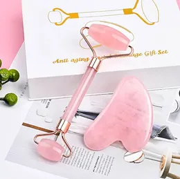 Jade Roller و Gua sha هدايا مربع مجموعة Crystal Pink Rose Quartz Guasha Massage Tools Kit Natural Jade Lift Massager Beauty Face Ender