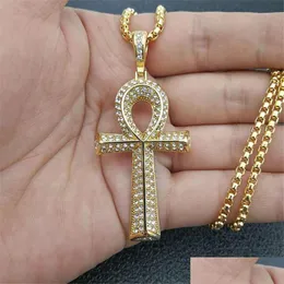 Collares colgantes Colgante de cruz egipcia Ankh para hombre con cadena de oro amarillo de 14 quilates y collar de diamantes de imitación de Bling FL helado Hip Hop Egipto DHVZQ