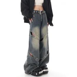 Jeans femininos Mulheres azuis Cantura alta moda American Hollow Out Design Y2K Spliced Chic perna larga jea