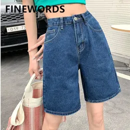 Shorts FINEWORDS Korean Classic Blue Wide Leg Shorts Women Summer Vintage Casual High Waist Shorts Jeans Loose Harajuku Denim Shorts