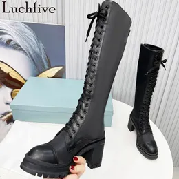 Boots Round toe Chunky Heel Knee High Boots Women Luxury Fashion Chelsea Long Boots Black Lace up Brand Ankle Boots Feminine 231219