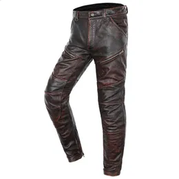 여성용 바지 Capris Brown Vintage Real Leather Mens Cowhide Motorcycle Riding Windproof 바지 플러스 크기 5xL 정품 두꺼운 자전거 타는 사람 231218