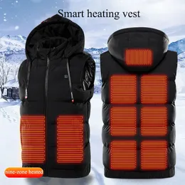 Men's Vests 9 Areas Heated Vest Sleeveless Jacket Hooded Thicken Jackets USB Super Warm Outdoor Hunting Heating 231218