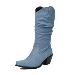 Cowgirl 50 Western Style Slouch for Women Mid Calf Cowboy Pleated Denim Boots Blue Chunky Heel Shoe 2024 Spring Fall Footwear 231219