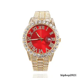 Full Diamond Iced Out Watch New Fashion Hip Hop Red Blue Face Large Dial Mens Wristwatch Calender Quartz Womens Watch Gift243V