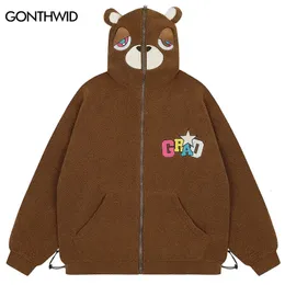 Parka da uomo in piumino da uomo in peluche con orsacchiotto con orecchie streetwear ricamo hip-hop zip intera pile fuzzy lana di agnello soffici cappotti spessi e caldi 231219