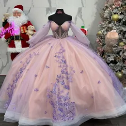 Pink Lavender Princess Puffy Quinceanera Dresses Off Shoulder Applique Bow Lace-up Corset Cathedral Train vestido de 15 anos
