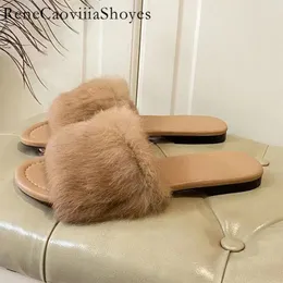 Flat Colored Selling Candy Slippers Woman Rabbit Hair Walk Show Slides Female Fur Outdoors Comfort Mules Shoes Women 231 9427