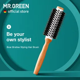 Hårborstar Mr.Green Boar Bristles Hair Brush Round Styling Curling Roll Hairbrush Natural Woods Detangling Comb For Long Curly eller någon typ 231218