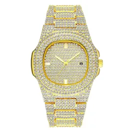 Moda erkekleri kadınlar elmas buzlu tasarımcı saatleri izliyor 18k altın paslanmaz çelik kuvars hareketi erkek kadın hediye bling bling wristwat253t