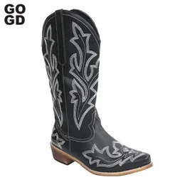 Boots GOGD Mid-Calf Western Boots Fashion Women's Embroidered Cowboy Cowgirl Boots Pointed Toe Thick Heels Mid-calf Riding Boots 231219