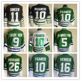 CCM 레트로 남성 #10 Ron Francis Hockey Jersey 9 Gordie Howe 1 Liut 11 Dineen 15 Tippett 16 구두 화이트 그린 빈티지 하키 유니폼 스티치 99