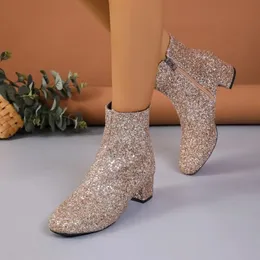 Rhinestone Pulins ayak bileği kadın için altın tam 174 2024 fermuarlı tıknaz topuk botları seksi leopar orta topuk bayanlar ayakkabı 231219 orta- 854