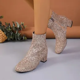 Paillettes complete 174 caviglia di strass oro per donne 2024 stivali tallone con cerniera con cerniera sexy leopardo scarpe da donna con tacco medio 231219 mid- A