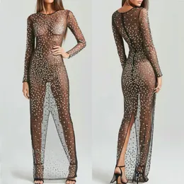 Kvinnors sexiga back split klänning kvinnor långa klänningar 2023 fest mesh paljett bodycon hög midjeparty vestidos kväll natt maxi mesh kläder