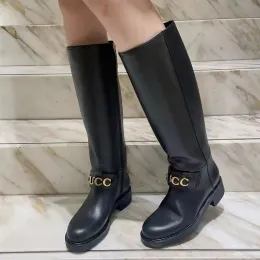Full Grain Leather low heel Knee-High Boots calfskin round toe Letter buckle side zipper Knight booties women's outdoor shoes Leisure and beautiful Flat shoes