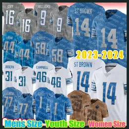 Brown Camisas de futebol Homem Detroits Jameson Williams Liones Malcolm Rodriguez Penei Sewell Kerby Joseph Jack Campbell Cameron Sutton A02