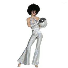 Stage Wear Sexy Gogo Dance Clothes Silver Sequins Jumpsuit Gloves Wigs Women Jazz Costume Clubwear Festival Outfits