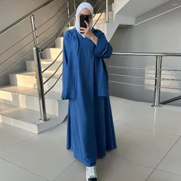 Etnik Giyim 2024 Sıradan Müslüman Setler Uzun Elbise Gömlek Kimono Tops Seti Kadınlar İçin İslami Eid Eid Türk Mütevazı Kıyafet