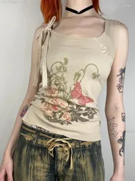 Damen Tanks Sommer ärmellos Vintage Floral Bufferfly Print Tank Tops Y2k ästhetische Fee Verband Harajuku abgeschnitten Top Frauen Mode