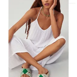 Lässige Kleider, Baumwollgaze, Musselin, weißes Kleid für Frauen, sexy V-Ausschnitt, ärmellose Rüschen, Sommerurlaub, Boho-Sommerkleid mit Taschen
