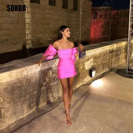 Urban Sexy Dresses Sondr Modern Pink Satin Short Prom Dresses Dubai Arabiska kvinnor Glänsande pärlor Mini Sexig cocktailklänning Kväll Födelsedagsklänningar 231219