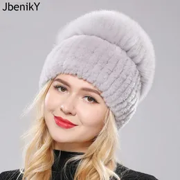 Wide Brim Hats Bucket Women Winter Luxury Real Rex Rabbit Fur Hat Knitted Top Natural Cap Genuine Beanies 231218