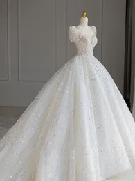 Dubai Princess shiny bride gowns Ball Gown Wedding Dress 2024 plus size Sequined sexy Neck short Sleeve Beads Luxury Bridal Gowns bling Crystal Bride robes de mariee