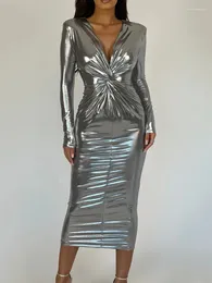 Повседневные платья Mozision, элегантное сексуальное платье макси с глубоким v-образным вырезом и рюшами для женщин, модное облегающее платье с длинными рукавами для клубной вечеринки