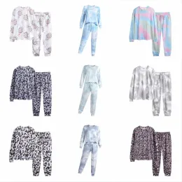 Tie-Dye Pajamas مجموعات زهرية Leopard Payamas Payamas Long Sleeve TrackSuit Suit Suit Dity Nightwear Sleepwear Set Lightgown Home BJ