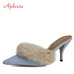 Fur Aphixta Soft Real Rabbit Plush Pointed Toe Women Slippers 6cm/8cm Thin Heels Shoes Flat Heel Hair Slides 231219 51151