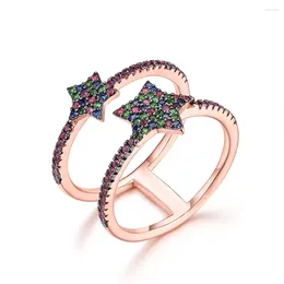 Cluster Rings TKJ 925 Sterling Silver Rainbow Zirconia Star Double Layer Ring Women's Glamour Jewellery Cocktail Party Gift