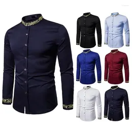 Camisas casuais masculinas 2023 moda camisa bordada estilo padrão henry pescoço manga longa