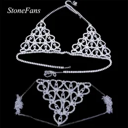 Stonefans Women Sexy Heart Rhinestone Bh BRA BOOD COST CHINE Accessories Crystal Body Jewelry Transparent thong trosor Underkläder T2275N