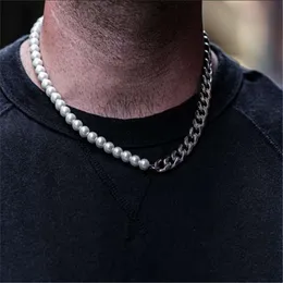 Nova chegada hip hop masculino jóias de aço inoxidável cubana link pulseira colar pérola para homem