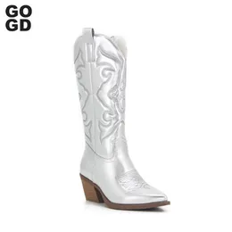 Pink GOGD Cowboy 341 Cowgirl for Women Fashion Zip Embroidered Pointed Toe Chunky Heel Mid Calf Western Boots Shinny Shoes 231219