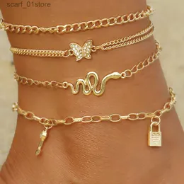 Anklets Bohemia Gold Color Snake Ankle Bracelet Set For Women Butterfly Key Lock Charm Anklet Chain On Leg Boho Jewelry GiftL231219