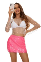 Camisetas femininas brilhantes de malha transparente com enfeites de pérolas e mangas compridas – perfeitas para festas na praia, raves e roupas de balada